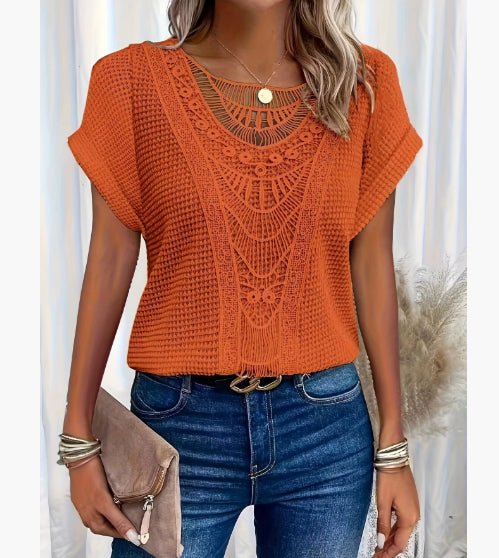 Summer hollow-out short-sleeved knit top in orange, ethnic style by Ancient Energy