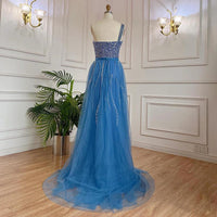 Blue Handmade Beaded Split Shoulder Fishtail Dress MANDOTOS