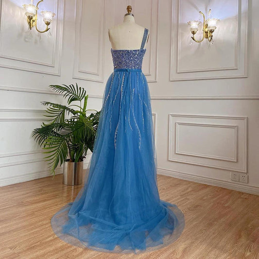 Blue Handmade Beaded Split Shoulder Fishtail Dress MANDOTOS