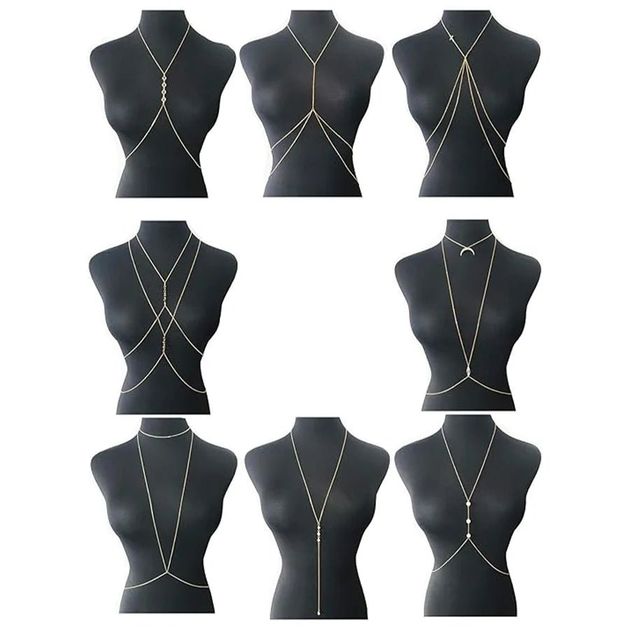 8Pcs Sexy Body Chain Belly Waist Chain Necklace Summer Beach Bikini Bra Body Jewelry for Women Gold Tone - MANDOTOS INTERNATIONAL