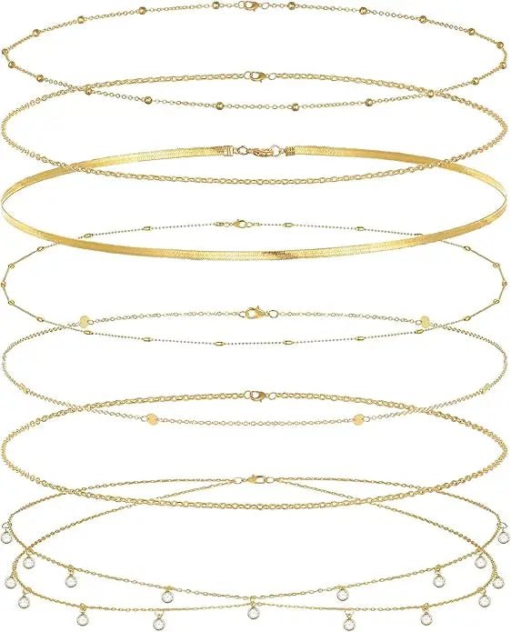 8Pcs Waist Chain 18K Gold Plated Belly Belt Chains Sexy Bikini Beaded Sequin CZ Coin Body Chain Jewelry Accessories Adjustable - MANDOTOS INTERNATIONAL