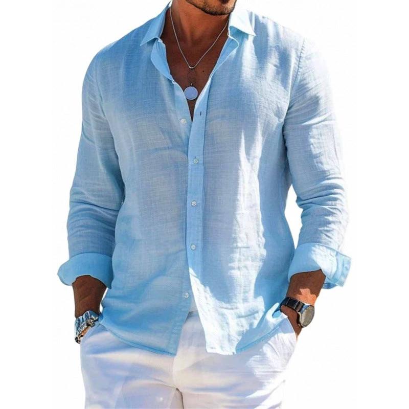 Men's Long Sleeve Shirt Casual Loose Lapel Button Top Solid Color Plus Size Blouse Clothing - MANDOTOS INTERNATIONAL0