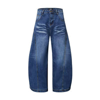 Mens wide-leg denim pants by Ancient Energy in blue with distressed whisker fade