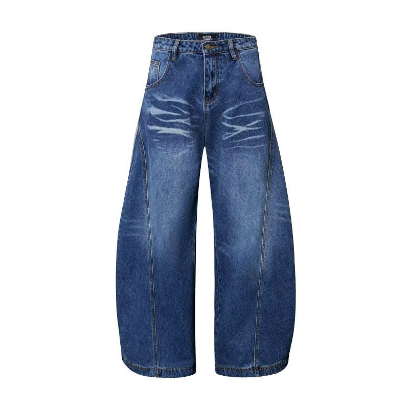 Mens wide-leg denim pants by Ancient Energy in blue with distressed whisker fade