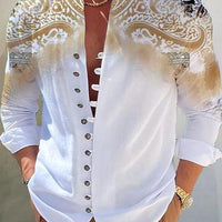 Men's Fashion 3D Printed Shirt Top by Ancient Energy; white button-front shirt with ornate shoulder paisley pattern.