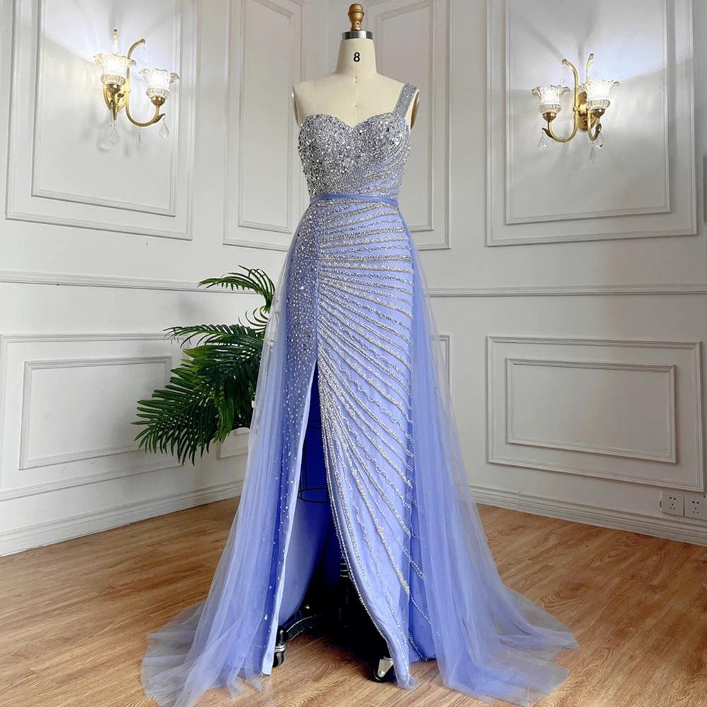 Blue Handmade Beaded Split Shoulder Fishtail Dress MANDOTOS