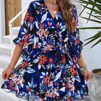 Summer Floral Print Short Sleeves Dress Lace Up Ruffles Design Fashion V-neck Short Dresses Womens Clothing
