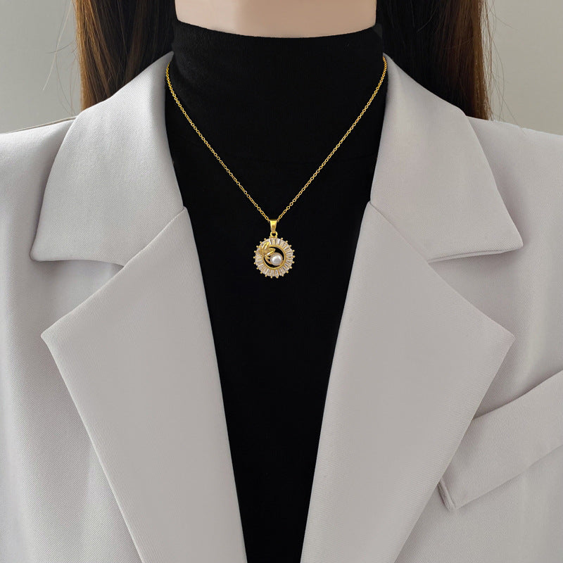 Fashion Jewelry Square Full Diamond Personalized Round Ring Leaves Necklace And Earrings Suite - MANDOTOS