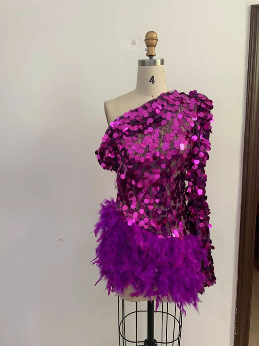 Purple Sequined Feather Skirt One-shoulder Sleeve Short Dress Luxury Party Stage Performance Dress MANDOTOS