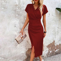 Split V-Neck Bodycon Dress – Slim Fit Short Sleeve Slit Dress