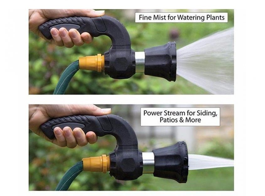 Mighty Power Hose Blaster Nozzle, black with yellow connector; fine mist for plants and power stream for patios