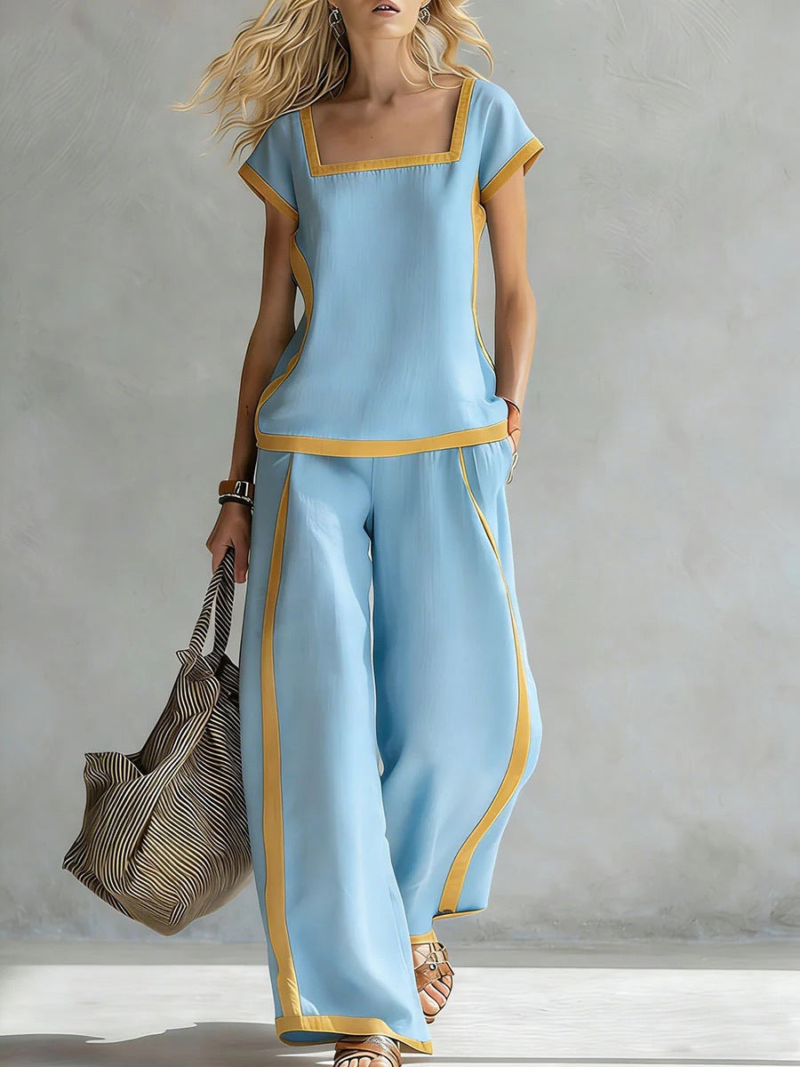 Square-Neck Three-Quarter Sleeve Loose Top & Pants Two-Piece Set - MANDOTOS INTERNATIONALTwo-Piece Set