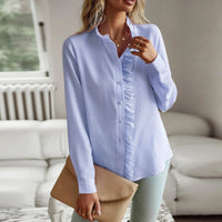 Striped Long Sleeve Shirt Fashion Ruffle Design Button Up Tops Casual Office Blouse Elegant Commuting Women's Clothing - MANDOTOS INTERNATIONAL0