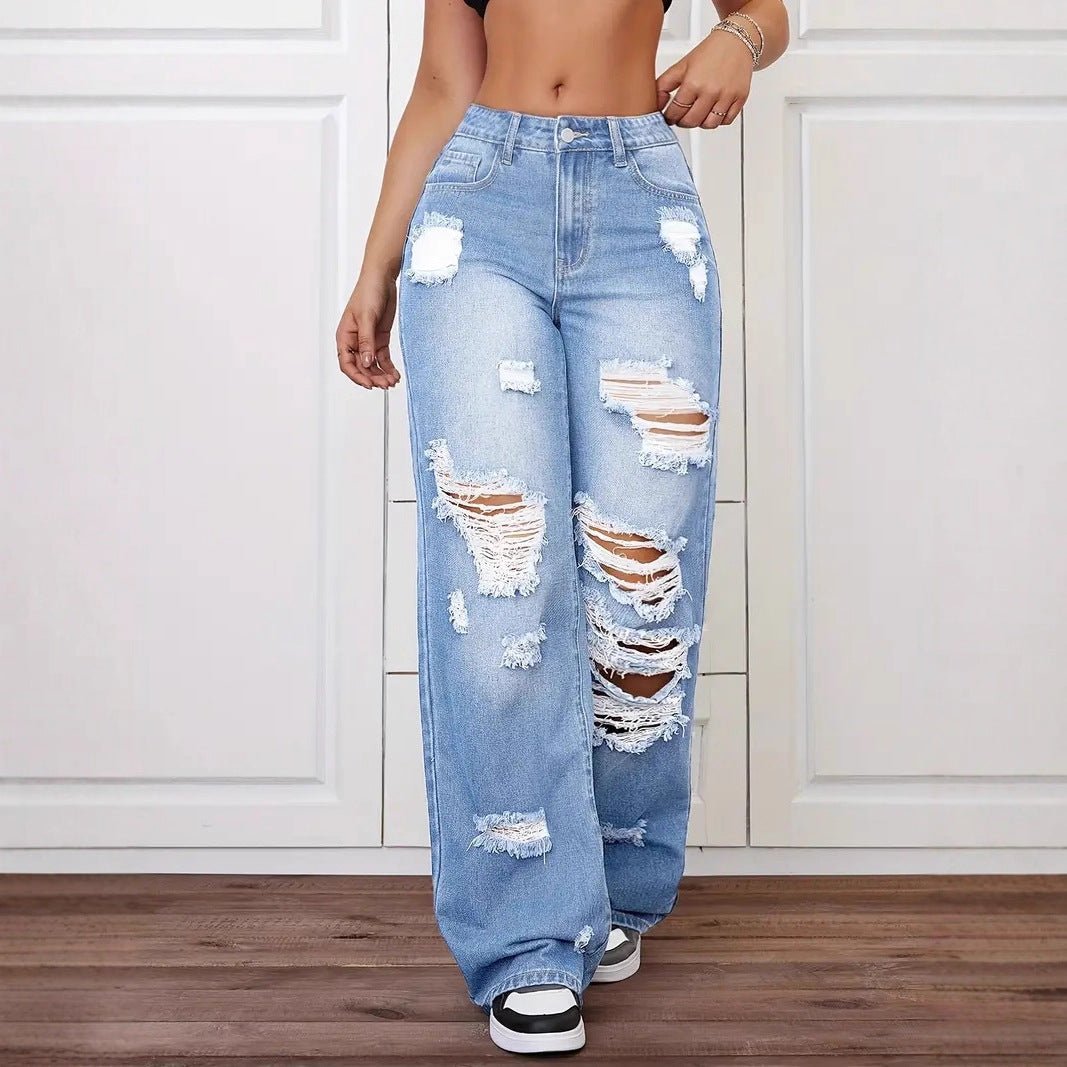 Women's ripped straight jeans by Ancient Energy, light-wash distressed denim