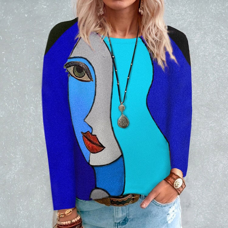 Stylish Face Print Long Sleeve Tee