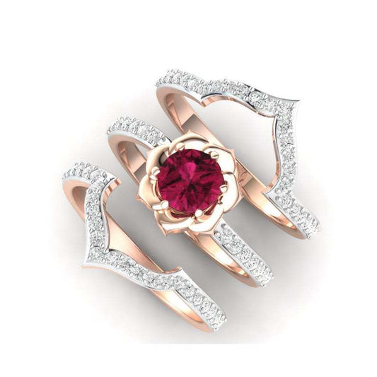 Exquisite Rose Gold Flower Ring Anniversary Proposal Jewelry Women Engagement Wedding Band Ring Set - MANDOTOS