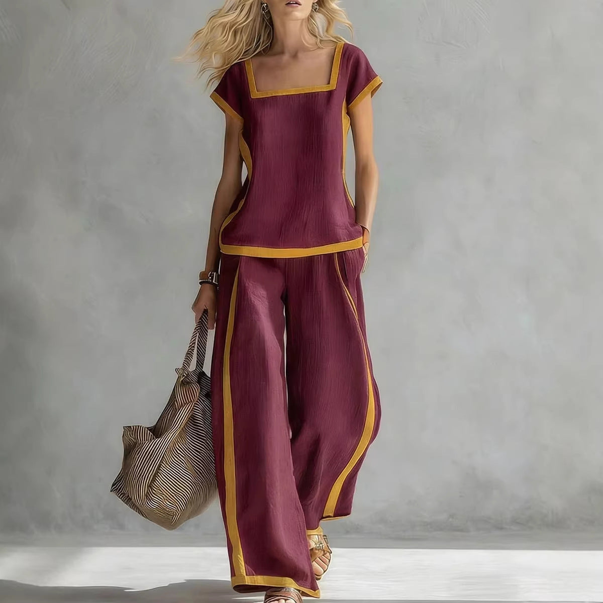Square-Neck Three-Quarter Sleeve Loose Top & Pants Two-Piece Set - MANDOTOS INTERNATIONALTwo-Piece Set