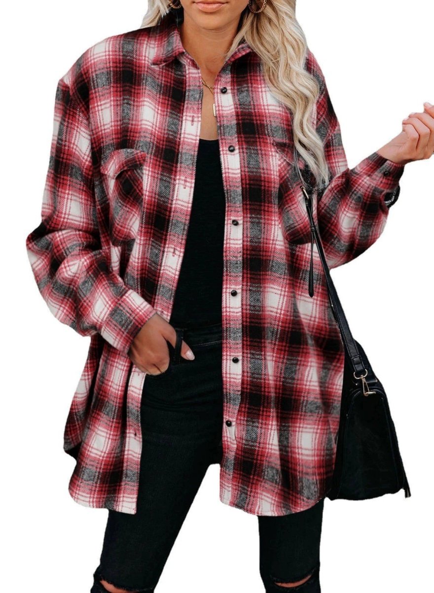 Plaid Shirt Women Spring Mid - length Loose Blouse Turndown Collar Shirt Clothing - MANDOTOS INTERNATIONAL0