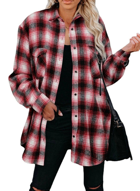 Plaid Shirt Women Spring Mid - length Loose Blouse Turndown Collar Shirt Clothing - MANDOTOS INTERNATIONAL0