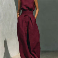 Women’s Cotton Linen Two-Piece Set – Sleeveless Top & Wide-Leg Pants