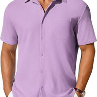 Men's lavender wrinkle-resistant short-sleeve button-up shirt by Ancient Energy with chest pocket.