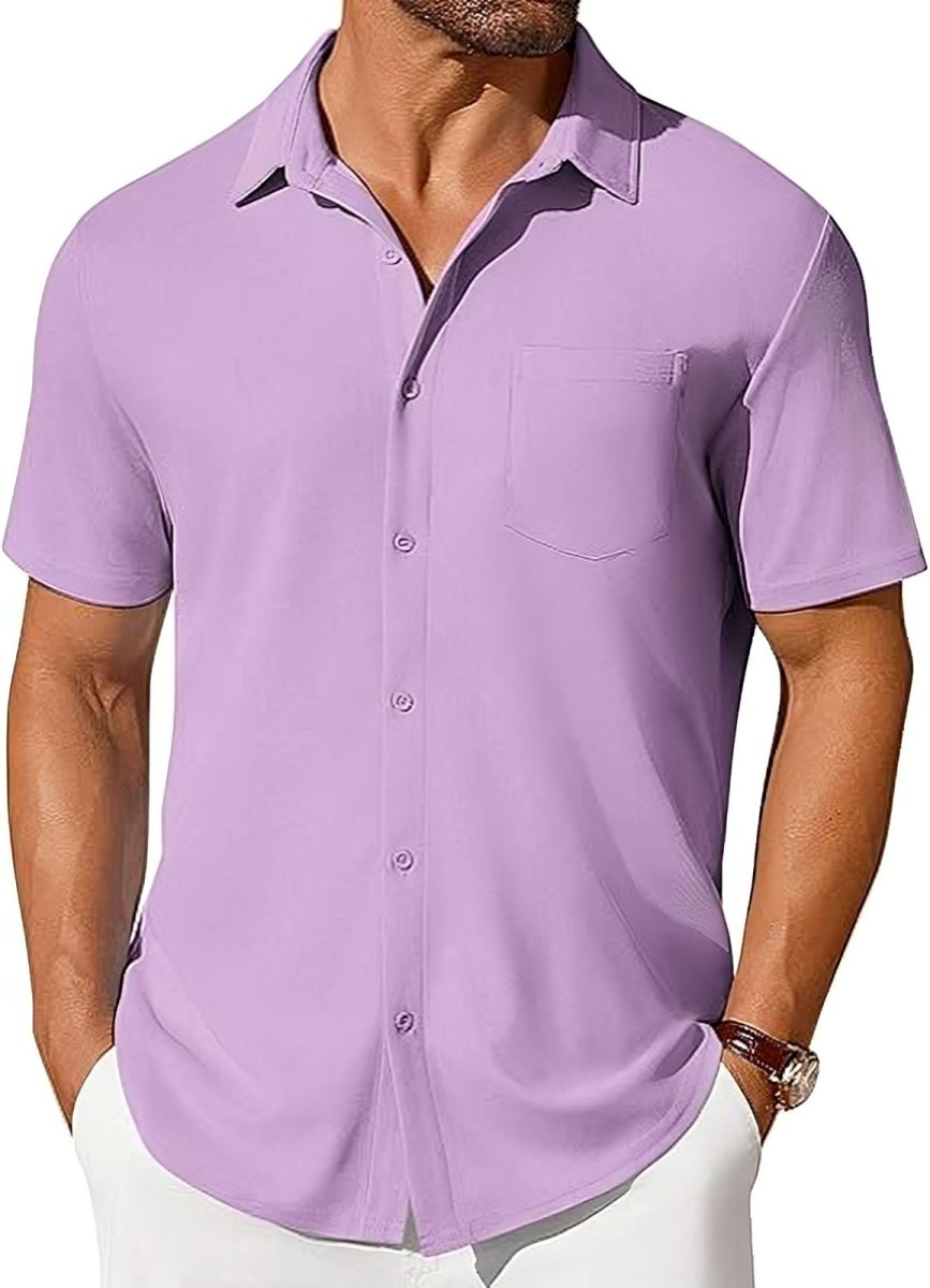 Men's lavender wrinkle-resistant short-sleeve button-up shirt by Ancient Energy with chest pocket.