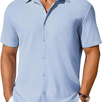 Men's short-sleeve button-up wrinkle- and crease-resistant shirt in light blue by Ancient Energy