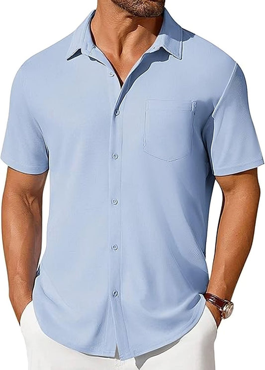 Men's short-sleeve button-up wrinkle- and crease-resistant shirt in light blue by Ancient Energy