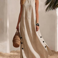 Cotton Linen Sleeveless Midi Dress – Side Slits & Loose Fit