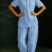 Three-Quarter Sleeve Shirt & Wide-Leg Pants Two-Piece Set – Solid Color Casual