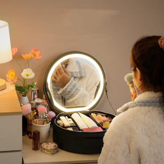 Round Smart LED Makeup Bag With Mirror Lights Women Beauty Bag Large Capacity PU Leather Travel Organizers Cosmetic Case - MANDOTOS