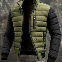 Men's olive-green puffer jacket with black sleeves, zip front, chest zip pocket, and ribbed cuffs.