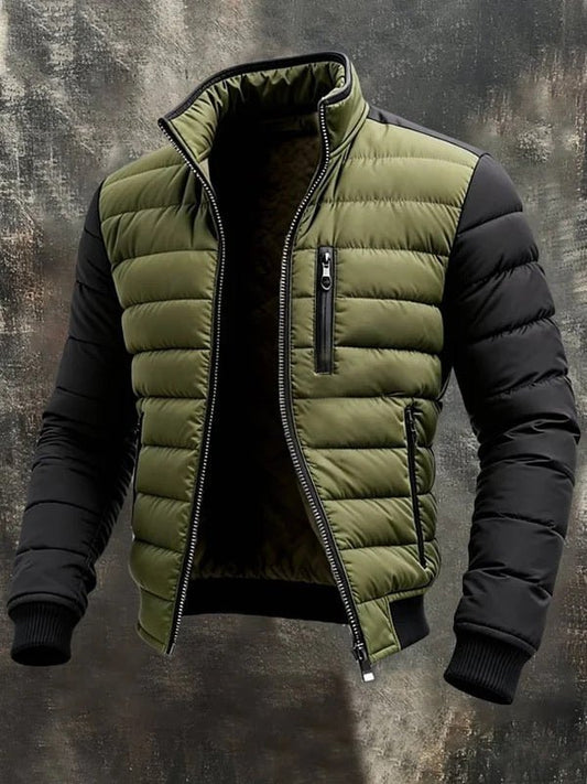 Men's olive-green puffer jacket with black sleeves, zip front, chest zip pocket, and ribbed cuffs.