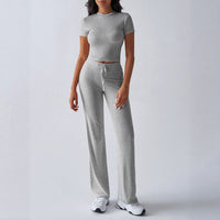 Crew Neck Short Sleeve Top & Full-Length Pants Set – Solid Color, 10 Colors