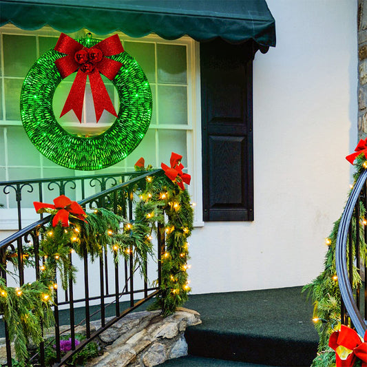 Christmas Garland 50CM Luminous LED Warm Light Metal Luminous Wreath With Big Bowknot Christmas Front Door Home Holiday Party Door Hanging Decor - MANDOTOS