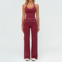 Womens yoga set burgundy with white piping; V-neck sleeveless top and slim-straight pants, Ancient Energy