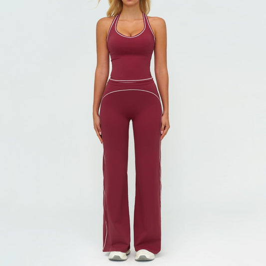 Womens yoga set burgundy with white piping; V-neck sleeveless top and slim-straight pants, Ancient Energy