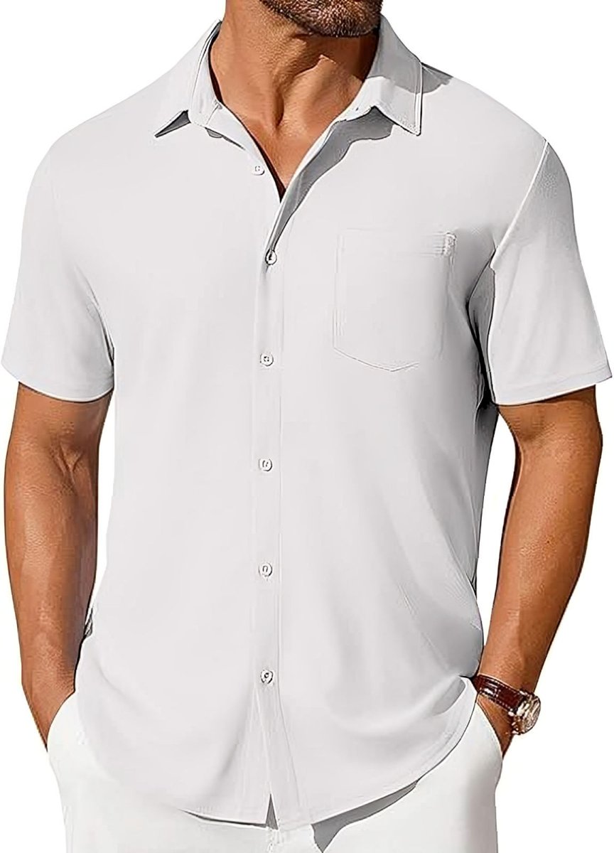 Men's wrinkle- and crease-resistant short-sleeve button-up shirt in white by Ancient Energy