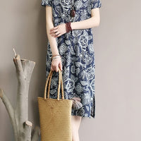 Retro Floral Cotton Dress with Side Slit