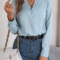 Fashion V - Neck Long Sleeve Shirt Elegant Commuter Solid Blouse Office Women's Clothing - MANDOTOS INTERNATIONAL0
