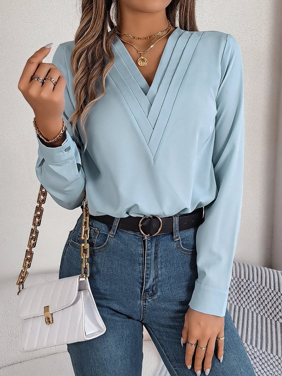 Fashion V - Neck Long Sleeve Shirt Elegant Commuter Solid Blouse Office Women's Clothing - MANDOTOS INTERNATIONAL0