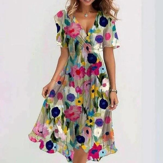 Chiffon Printed Short Sleeve Dress Summer Elegant V-neck Dresses Womens Clothing MANDOTOS