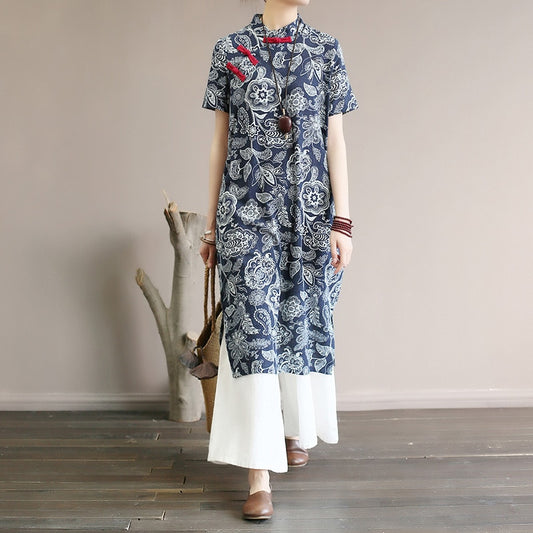 Mandotos International retro floral cotton dress with side slit, featuring a vintage-inspired design and vibrant flower pattern.