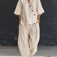 V-Neck Short Sleeve Top & High-Waist Trousers Two-Piece Set