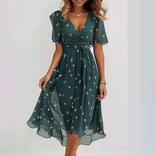 Chiffon Printed Short Sleeve Dress Summer Elegant V-neck Dresses Womens Clothing MANDOTOS