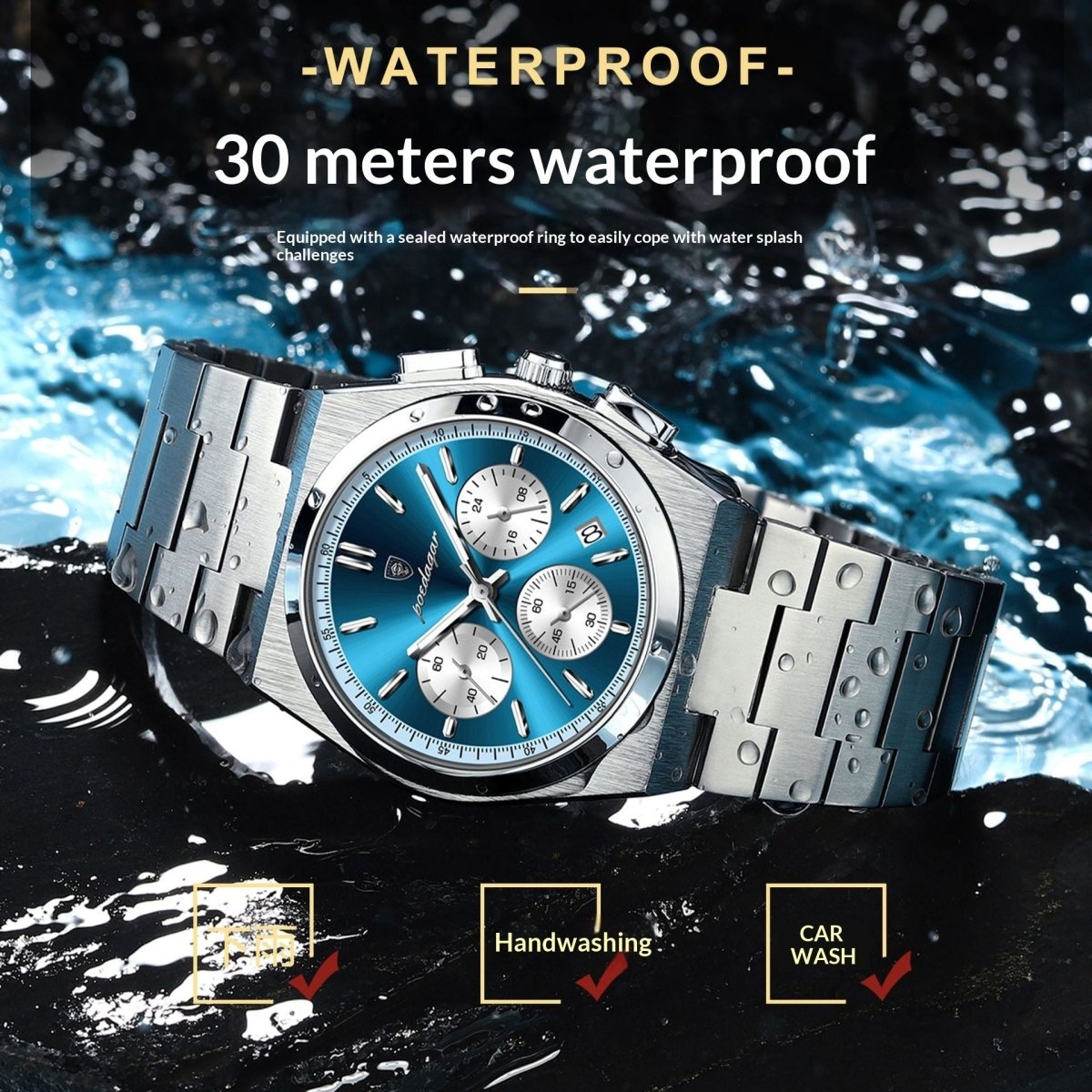 Mens Waterproof Multifunctional Luminous Watch with blue dial and stainless steel bracelet, 30m water resistance