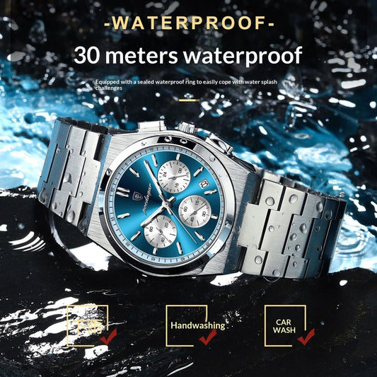 Mens Waterproof Multifunctional Luminous Watch with blue dial and stainless steel bracelet, 30m water resistance