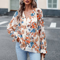 Women's Tops Casual Floral Print V Neck Long Sleeve Shirts Loose Chiffon Blouses Shirts Tops