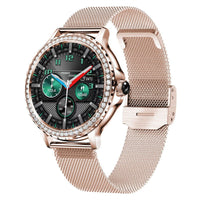 Smartwatch with Bluetooth calling, rose-gold mesh band and diamond bezel