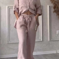 Wide-Leg Pants & Lace-Up Top Two-Piece Set – Solid Color, 12 Colors S–5XL